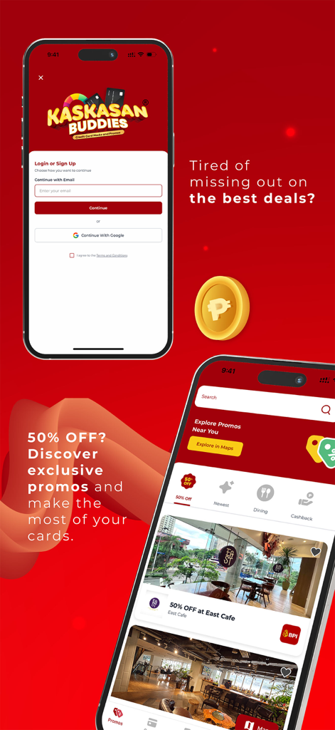 KasKasan Buddies app screens showing login and credit card dining discounts