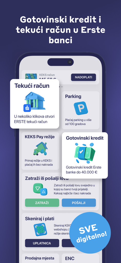 KEKS Pay - Interfaz de la aplicación KEKS Pay que muestra servicios bancarios digitales y opciones de pago móvil