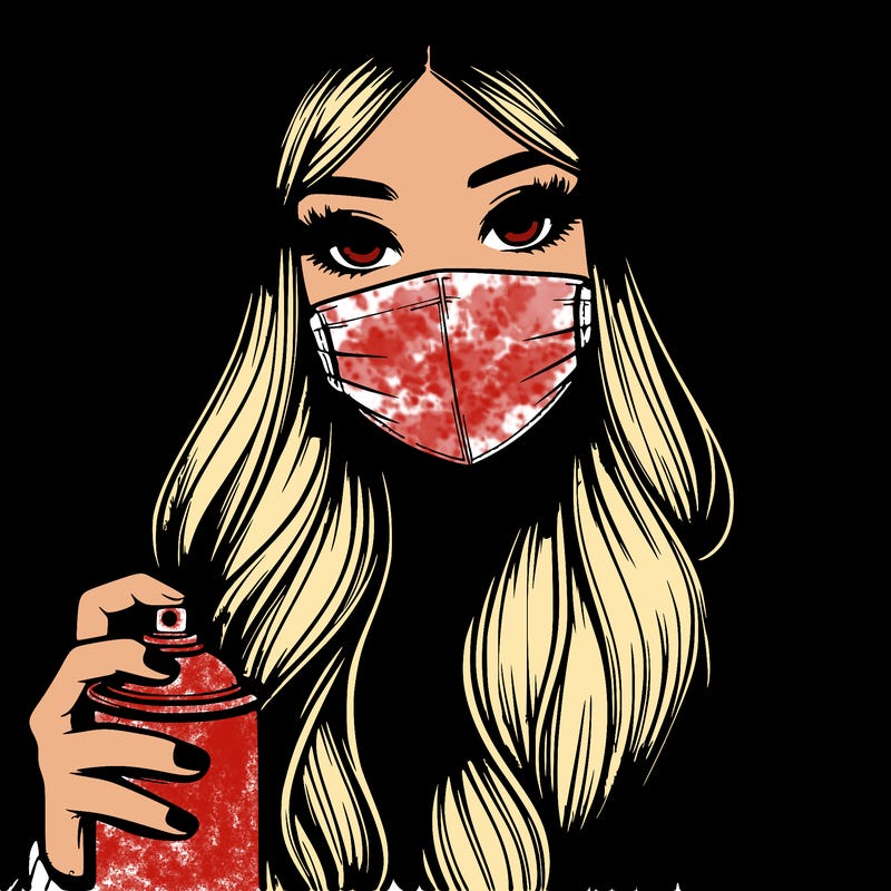 girl wearing a mask with long hair with her hood up spray-painting realistic