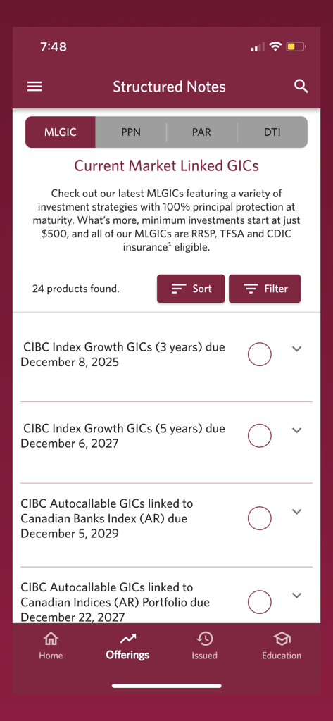 CIBC Structured Notes app screen showing a list of current Market Linked GIC offerings with investment details and maturity dates