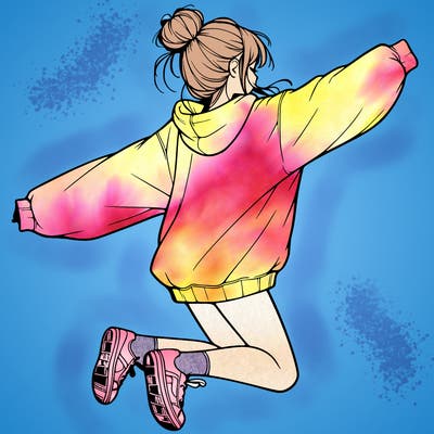 realistic girl jumping with a bun and oversized sweatshirt