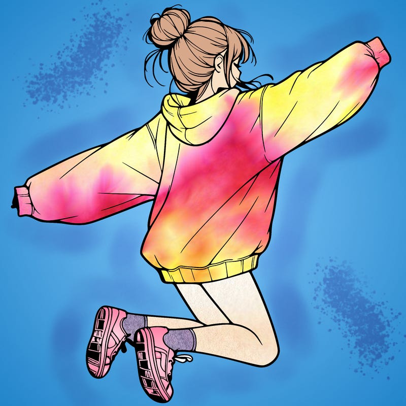 realistic girl jumping with a bun and oversized sweatshirt