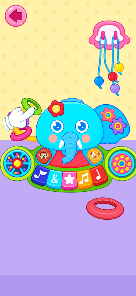 Take Care of a Baby Doll Games - Interactive elephant piano toy with colorful buttons and gears for toddlers