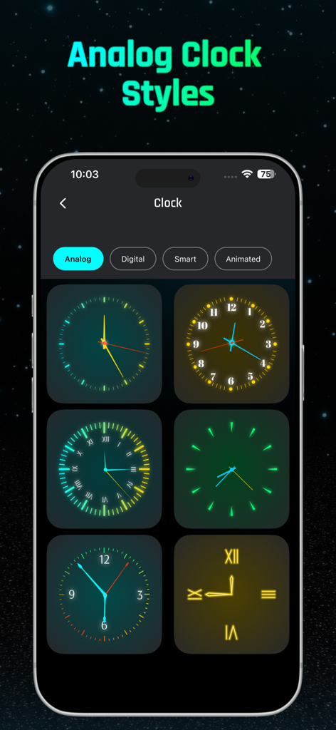 Digital Neon Night Clock - Variety of glowing neon analog clock faces for home screen customization.