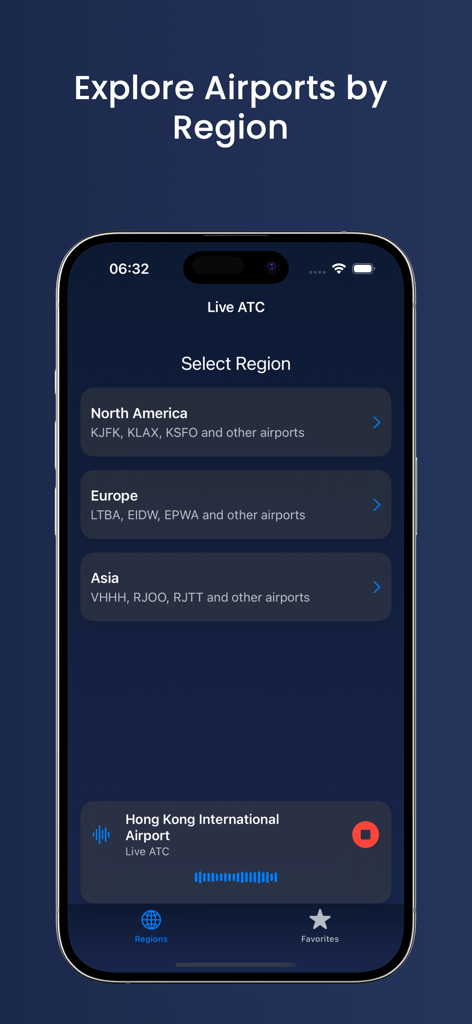 Air Traffic Control - Live ATC - 지역별로 공항을 선택하는 항공 교통 관제 앱 인터페이스