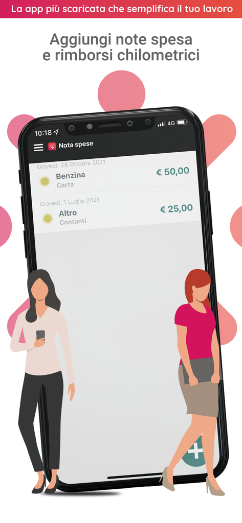 Rilevazione presenze e accessi - Eine Smartphone-Oberfläche, die einen Bildschirm für Spesenabrechnungen mit Einträgen für Kraftstoff- und Kilometererstattungen für geschäftliche Nutzung zeigt