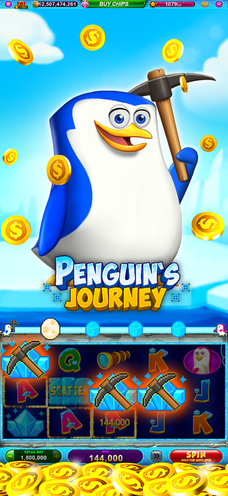 Pantalla del juego de máquina tragamonedas Penguin's Journey en Galaxy Casino con un pingüino caricaturesco con un pico y monedas de oro cayendo