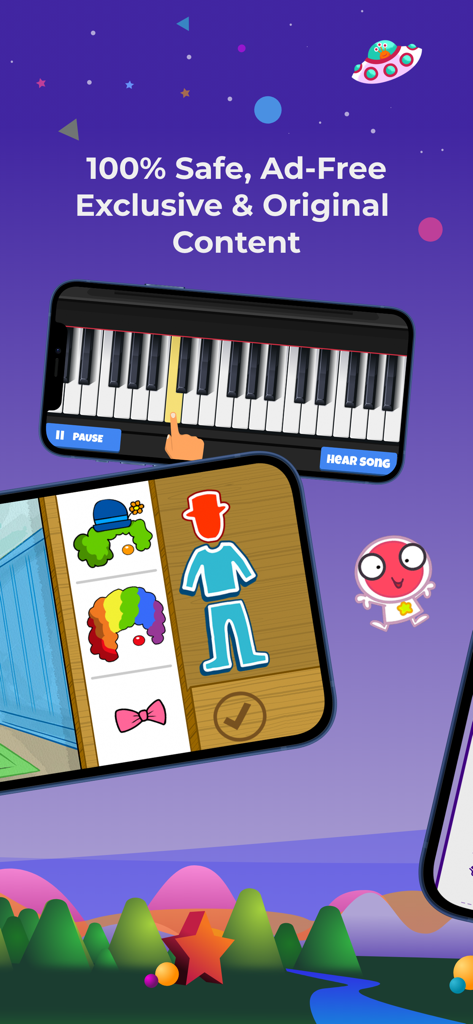 Curious World mobile app screens showing safe and ad free educational games including a piano and a creative dress up activity