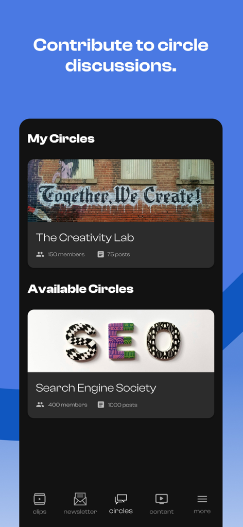 A mobile interface of the Inner Circle app showing community circles for discussions like The Creativity Lab and Search Engine Society