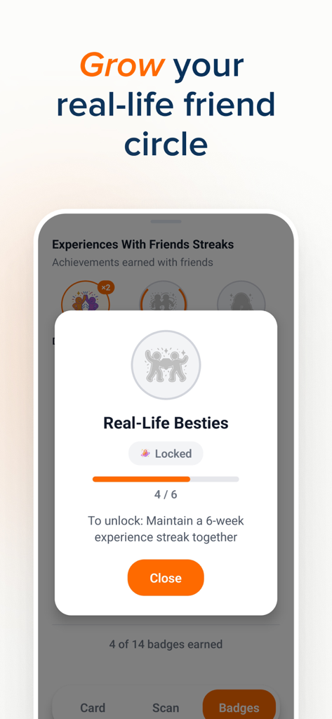 Meet OffScreen: IRL Friends - Mobile app screenshot showing a locked Real-Life Besties achievement badge with a progress bar for a six week social streak.