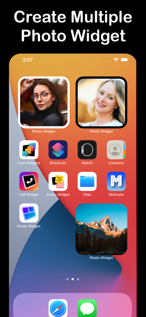 Photo Widget - Picture Collage - iPhone home screen displaying multiple custom photo widgets with various portrait and landscape pictures