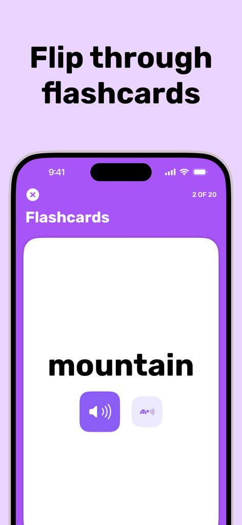 Spell It: Spelling Bee Games - Oberfläche der Spell It App, die eine digitale Karteikarte mit dem Wort "Berg" und Audio-Wiedergabe-Symbolen anzeigt