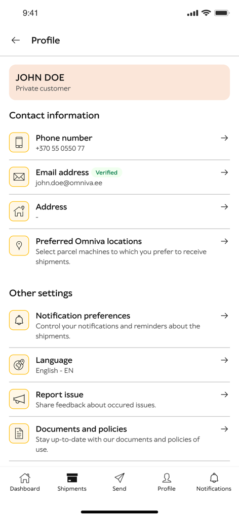 Omniva Mobile - User profile screen in the Omniva Mobile app with contact details and settings