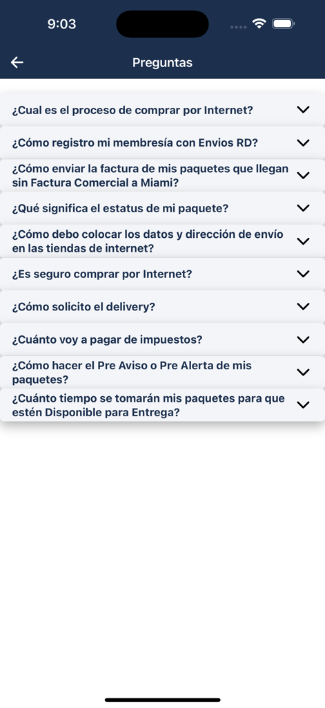 Häufig gestellte Fragen Bildschirm in der Envios RD mobile App, der Versand- und Logistikhilfethemen auf Spanisch anzeigt.