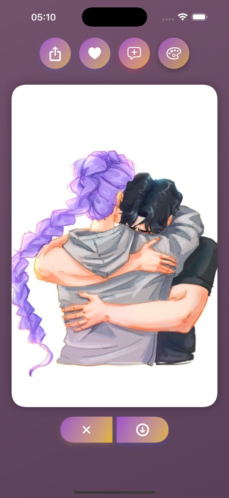 Interfaz de la aplicación K-Pop DH Wallpapers que muestra una ilustración de dos personajes abrazándose.