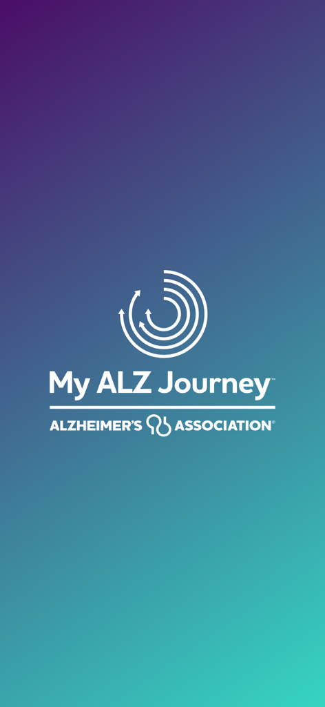 My ALZ Journey - The splash screen for the My ALZ Journey app featuring the Alzheimer Association logo on a purple and teal gradient background