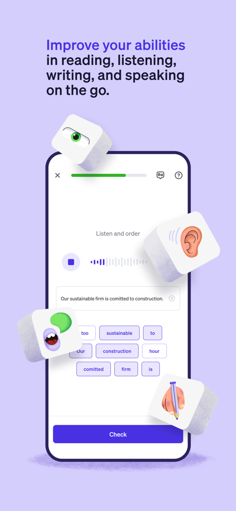 Slang: Professional English - Slang app interface showing exercises for reading writing listening and speaking professional English