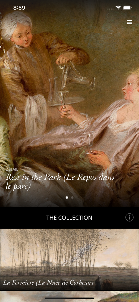 SC The Frick Pittsburgh - Mobile app interface for SC The Frick Pittsburgh displaying featured art pieces and the museum collection gallery.