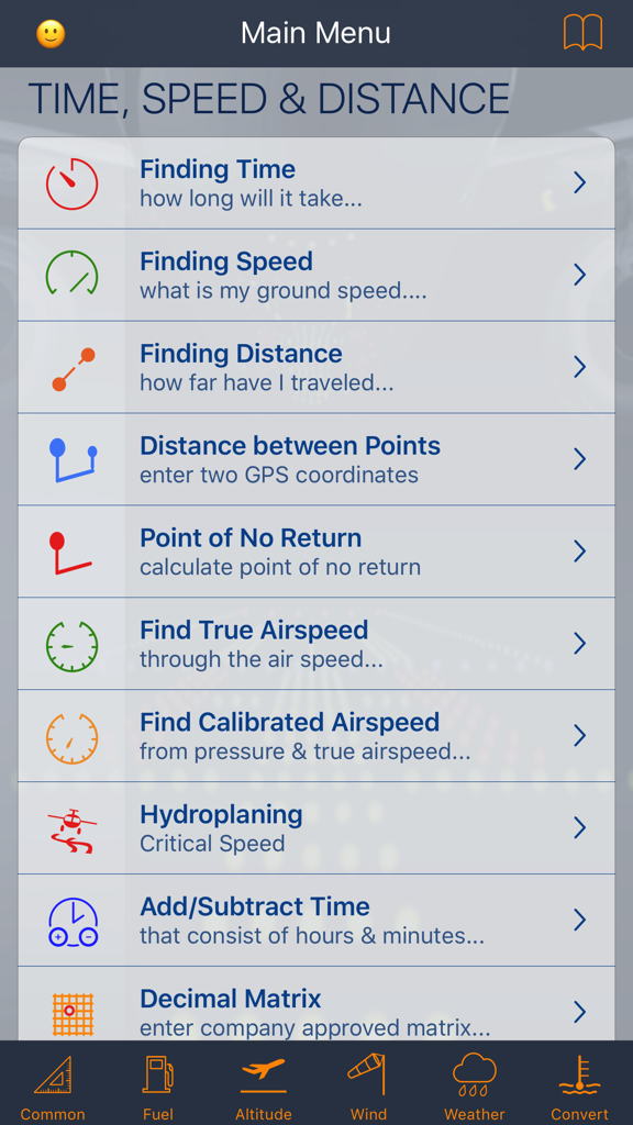 E6B Aviation Calculator - E6B Aviation Calculator app interface displaying time speed and distance calculation options