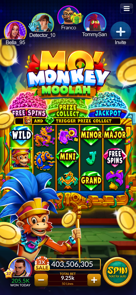 Gameplay screen of Mo Monkey Moolah slots in Big Fish Casino featuring social avatars and jackpot prizes