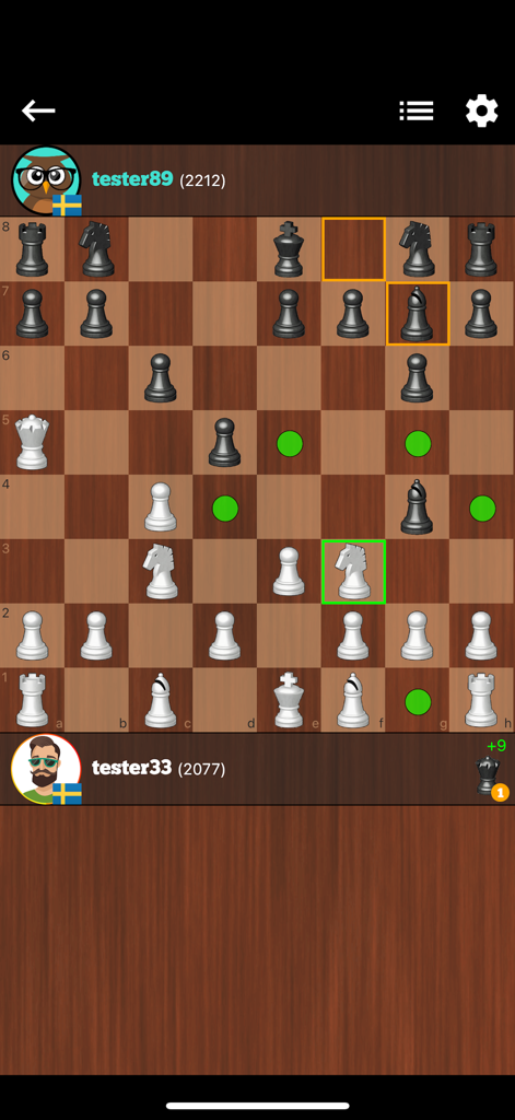Chess Online - Duel Friends! - In-game screenshot of Chess Online showing a match with move highlights and player ratings