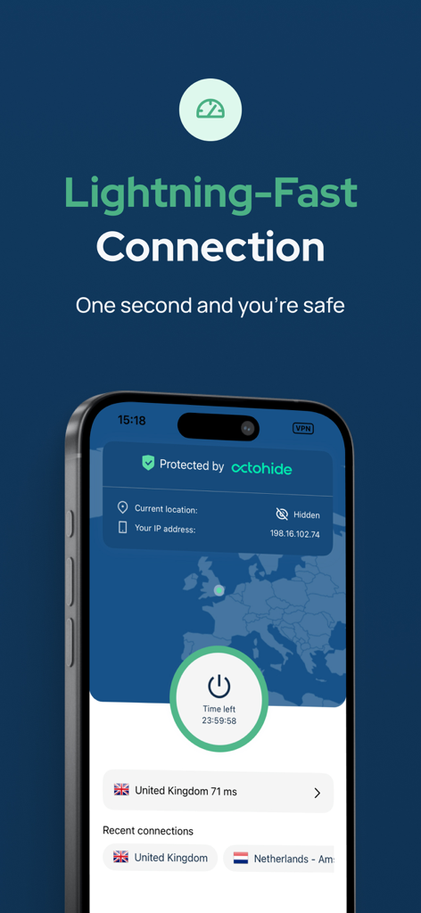 Octohide VPN mobile interface showing protected status and fast connection speed