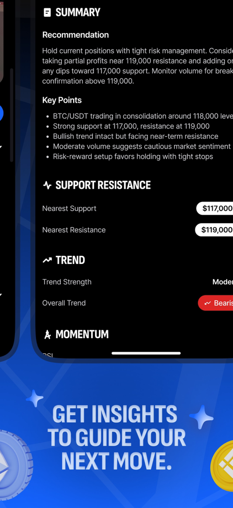 CryptoLens AI - Interface do aplicativo CryptoLens AI mostrando análise técnica de Bitcoin, incluindo níveis de suporte e resistência