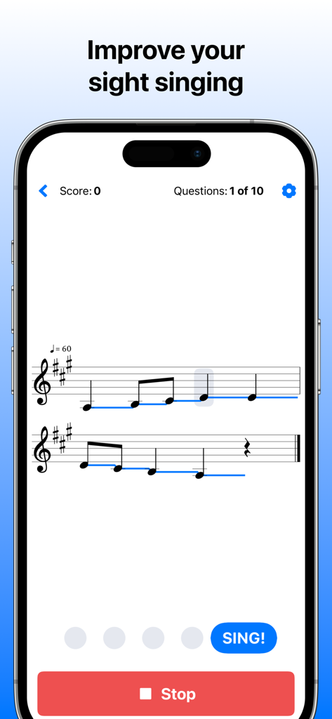 Ella: Sight Singing & Reading - Interfaz de la aplicación Ella que muestra notación musical y seguimiento de afinación para la práctica de canto a vista