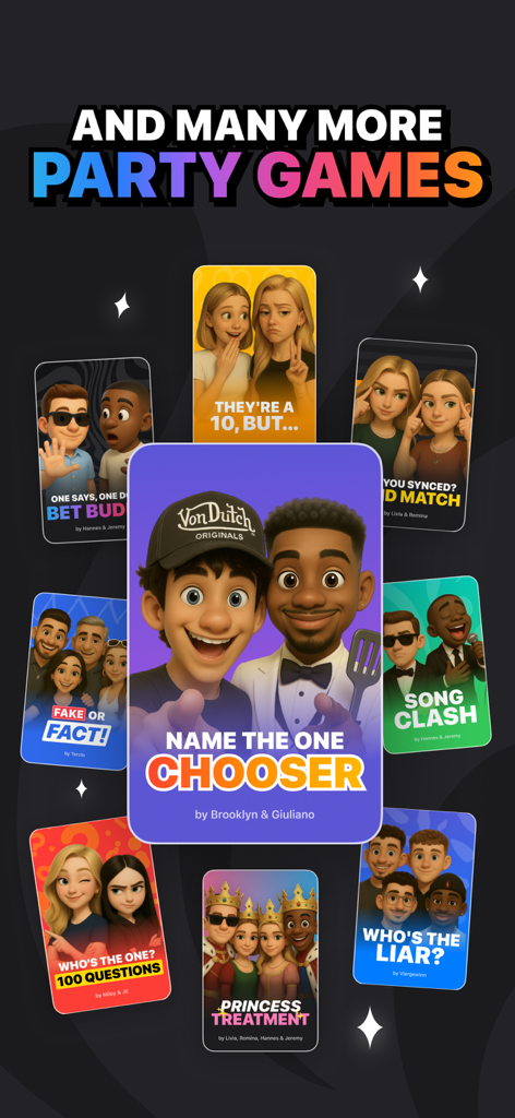 Imposter Game - Splash - Una raccolta di vari giochi di società disponibili nell'app Imposter Game Splash, inclusi "Song Clash" e "Chi è il bugiardo?".