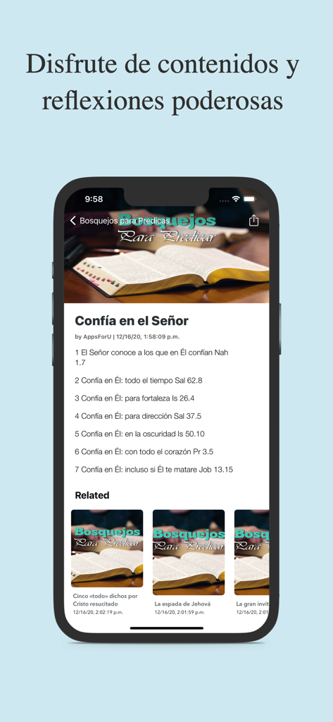 Temas Bíblicos y Predicas - Confia en el Senorと題されたスペイン語の聖書説教概要を表示するスマートフォン画面