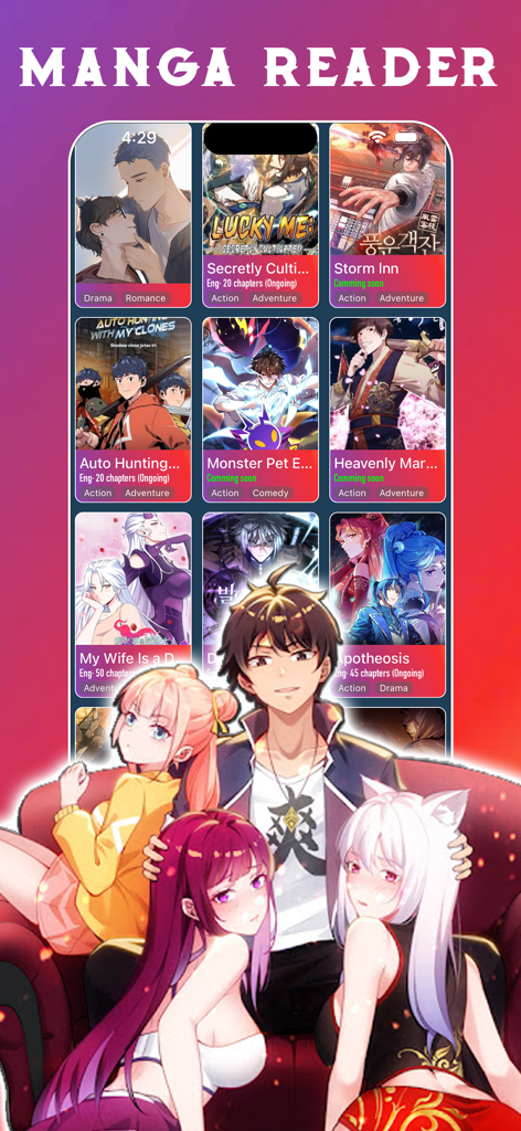 Manga Reader: Webtoon & Comics - マンガリーダーアプリのインターフェース。スタイリッシュなアニメキャラクターが登場する、カラフルなWebtoonとコミックのライブラリを表示しています。