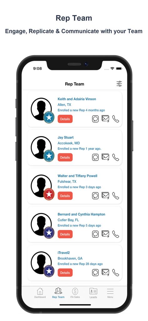 PlanNet Marketing Reps - PlanNet Marketing Reps mobile app showing a list of team members with communication options