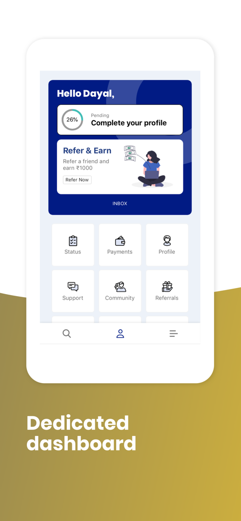 Hello World Homes - Dedicated user dashboard of the Hello World Homes app showing profile completion status and service icons