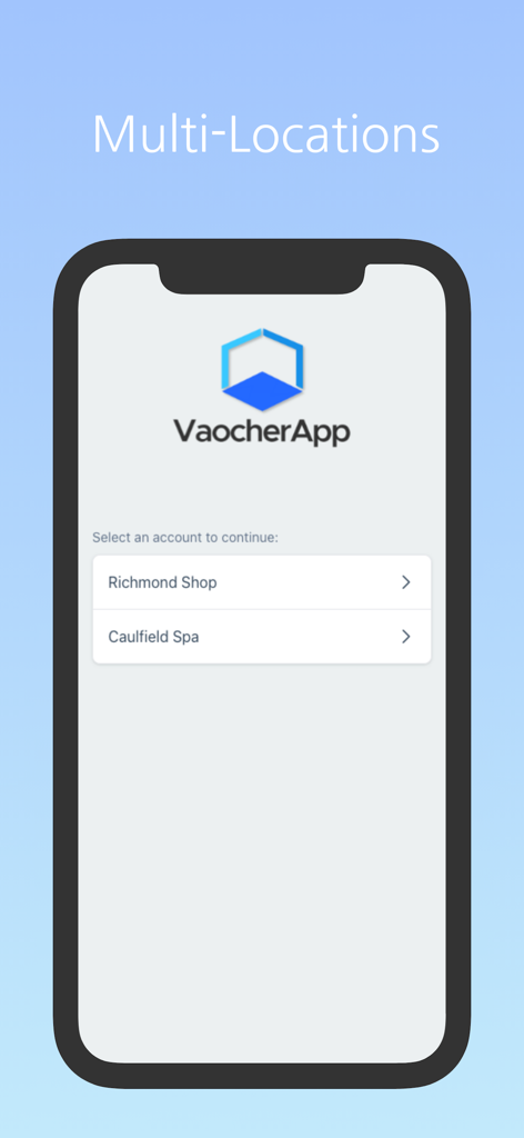 VaocherApp - Tela móvel do VaocherApp exibindo um menu de seleção de múltiplos locais para diferentes contas de negócios, como Richmond Shop e Caulfield Spa