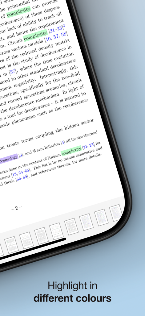 PDF Highlighter - 複数の単語が異なる色でハイライトされたPDFドキュメントを表示するiPhone画面。