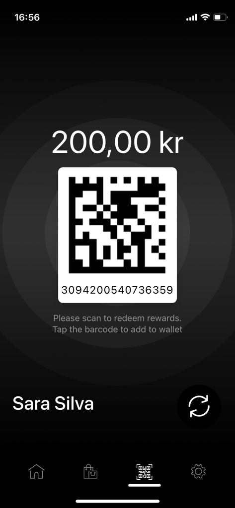 Hede Fashion Club app screen showing a personal loyalty QR code and rewards balance of 200,00 kr.