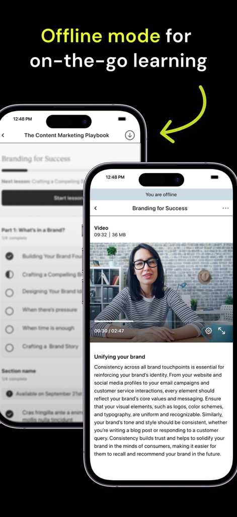 Teachable app interface displaying offline mode for on the go course learning