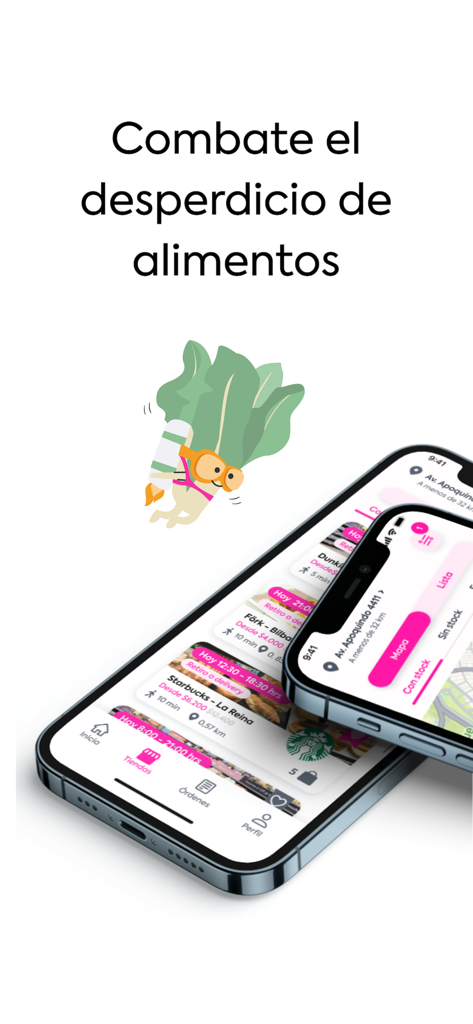 GoodMeal - Dos iPhones mostrando la interfaz de la app GoodMeal con listados de rescate de comida y una mascota vegetal.