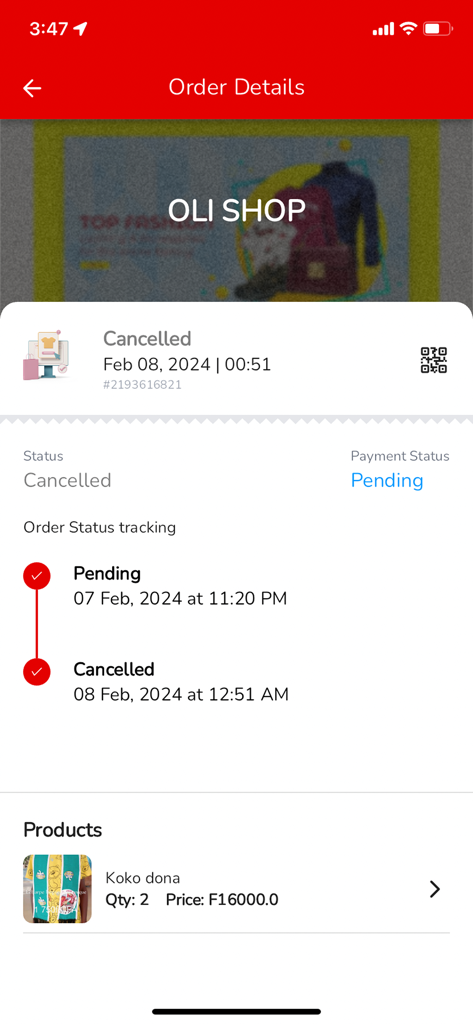 Yugo - Interface mostrando os detalhes e o rastreamento de um pedido cancelado no aplicativo Yugo