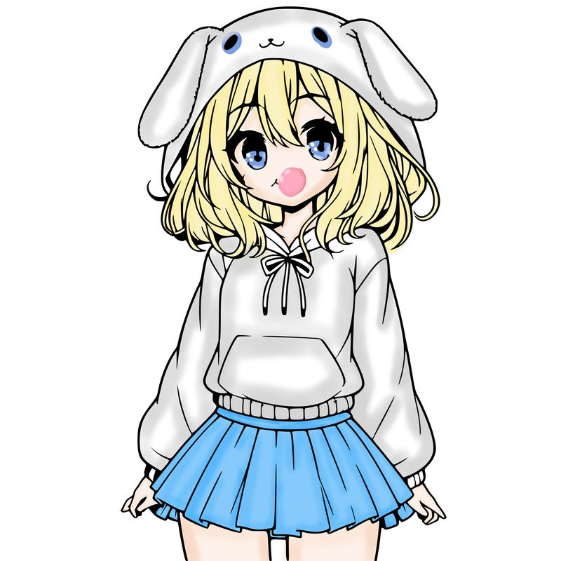 pretty anime girl wearing a fluffy hoodie with bunny ears on the hood and a skirt
