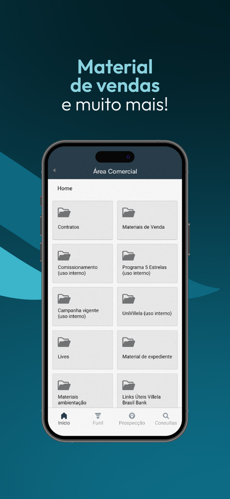 Villela Brasil Bank Franqueado - Villela Brasil Bank app commercial dashboard displaying sales materials and contract folders