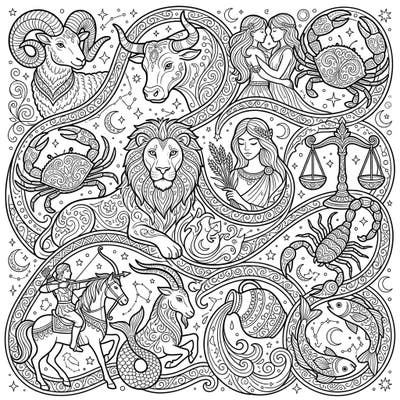 This detailed coloring page beautifully captures all twelve astrological zodiac signs, from Aries to Pisces, in an intricate design. Perfect for adults and teens, it offers a relaxing and engaging artistic journey through the cosmos.