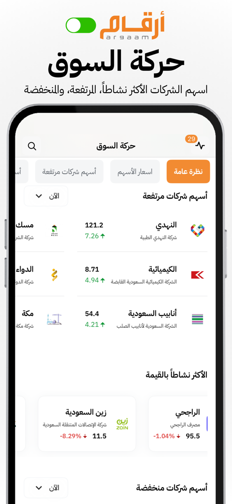 Argaam ON mobile app displaying real-time Saudi stock market data and financial analysis