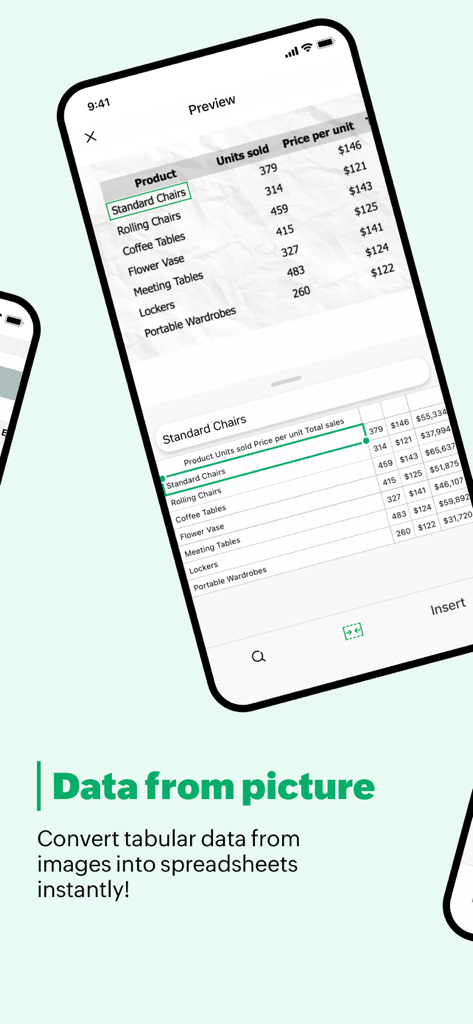 Zoho Sheet: Spreadsheet App - Zoho Sheetモバイルアプリのインターフェース。OCR技術を使用して、印刷されたテーブルを写真からデジタル表計算に変換する方法を示しています。