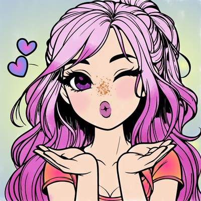 realistic girl winking and blowing a kiss while making heart hands