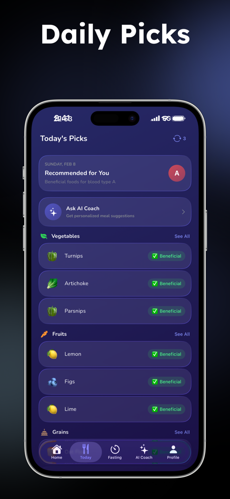 Daily picks screen of the Blood Type Diet app showing personalized food recommendations for blood type A