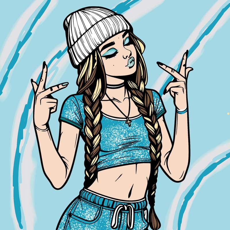 realistic teenage girl with braids and a beanie and crop top doing 🫶🏼