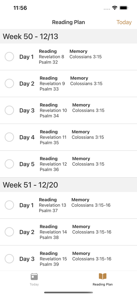 Calendario semanal de plan de lectura bíblica y memorización de escrituras en la aplicación Sovereign Hope