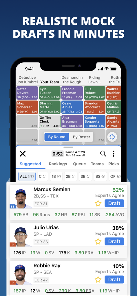 Tela de smartphone mostrando o simulador de mock draft do Fantasy Baseball Draft Wizard com recomendações de jogadores especialistas e rankings de draft.