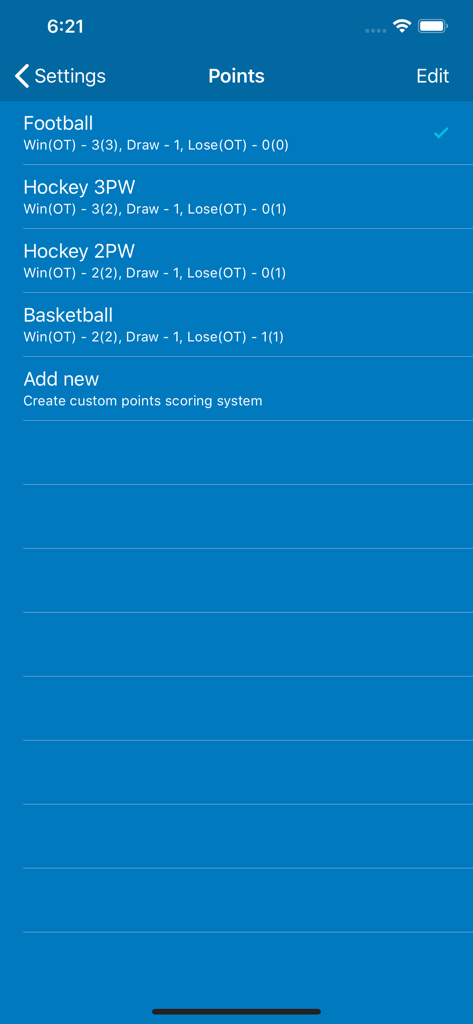 Interface for configuring custom points and scoring rules for different sports leagues like football hockey and basketball